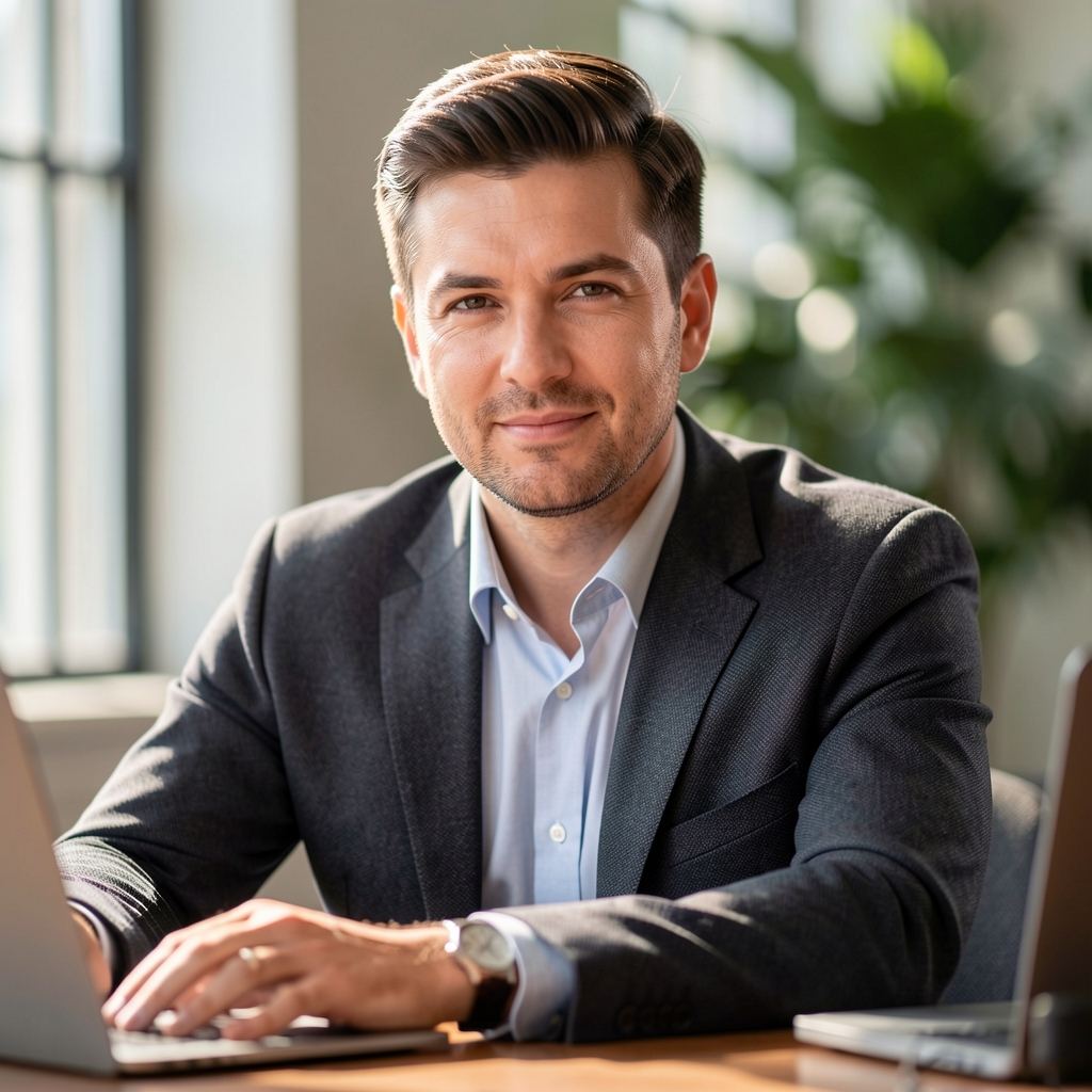 Editorial portrait of a man at a desk with natural side lighting, composed professional photography